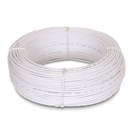 A coiled 100M roll of G.P 1.5mm white electrical wire, captured from an elevated perspective against a clean white