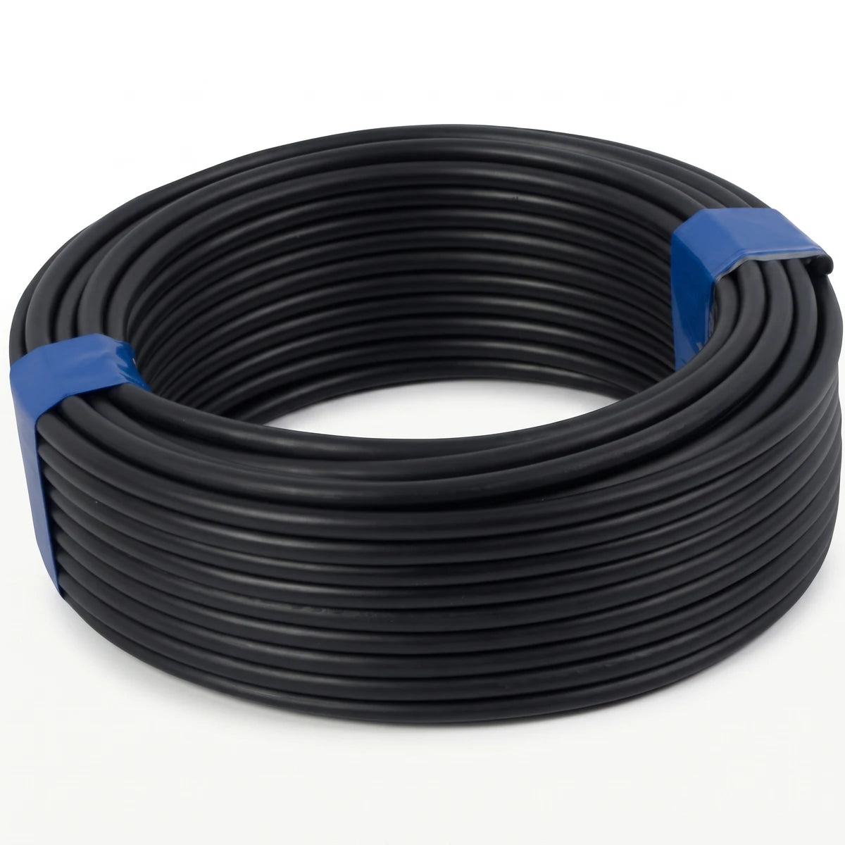 A coiled roll of G.P 10mm black electrical wire and cable, 100 meters long, secured with blue tape.