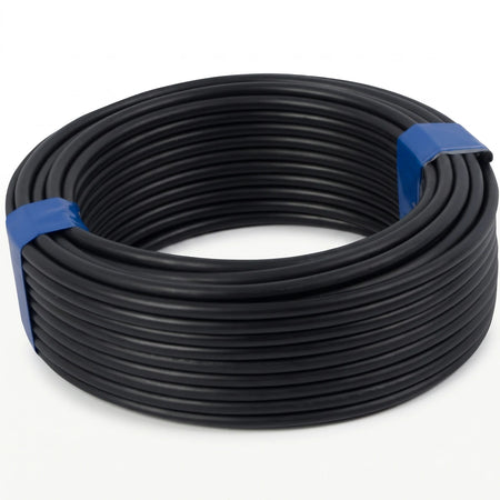 A coiled roll of G.P 10mm black electrical wire and cable, 100 meters long, secured with blue tape.
