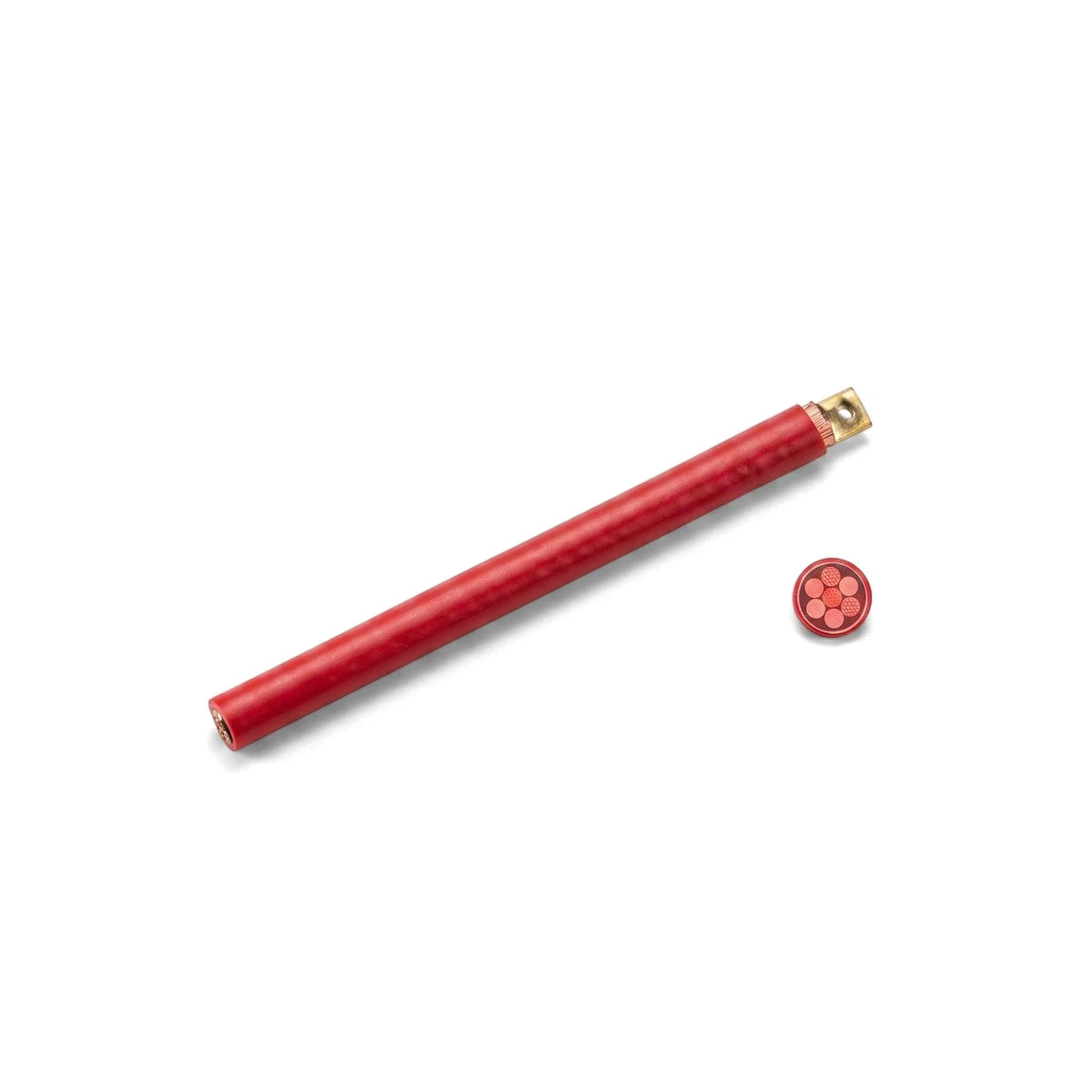 Red 10mm G.P electrical wire and cable roll with a brass connector, accompanied by a circular brand label.