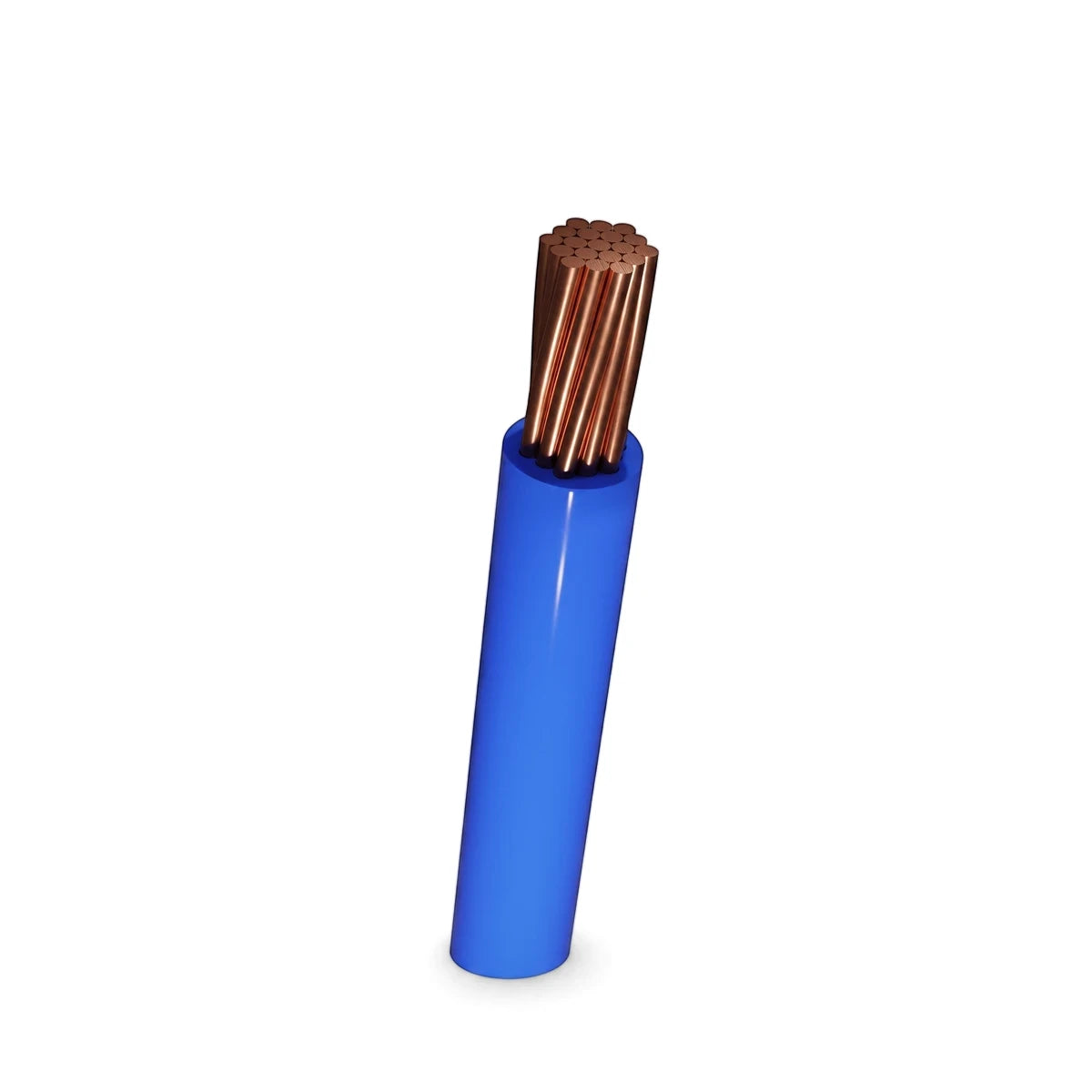 A close-up view of a G.P 16mm blue electrical wire with its copper strands exposed, set against a white background.