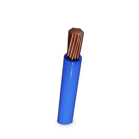 A close-up view of a G.P 16mm blue electrical wire with its copper strands exposed, set against a white background.