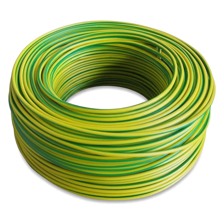 Green and yellow 2.5mm G.P electrical wires and cable, coiled in a 100-meter roll for wiring applications.