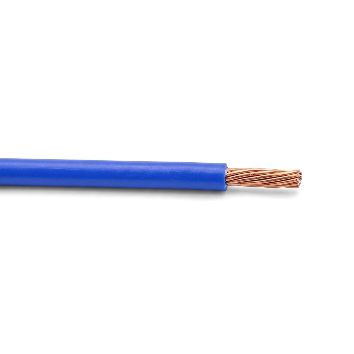 A single length of G.P 4mm blue electrical wire with exposed copper strands, photographed horizontally.