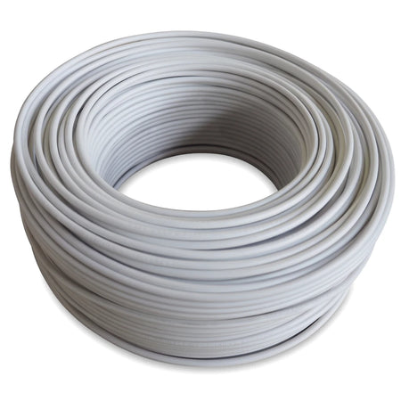 A close-up view of a 100-meter roll of G.P 4mm white electrical wire, tightly coiled and ready for installation.
