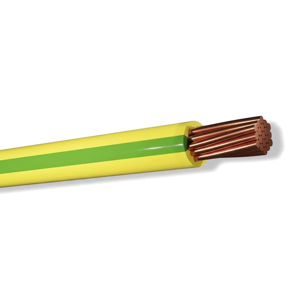 A close-up view of a G.P 6mm electrical wire and cable, featuring yellow insulation with a green stripe, exposing multiple