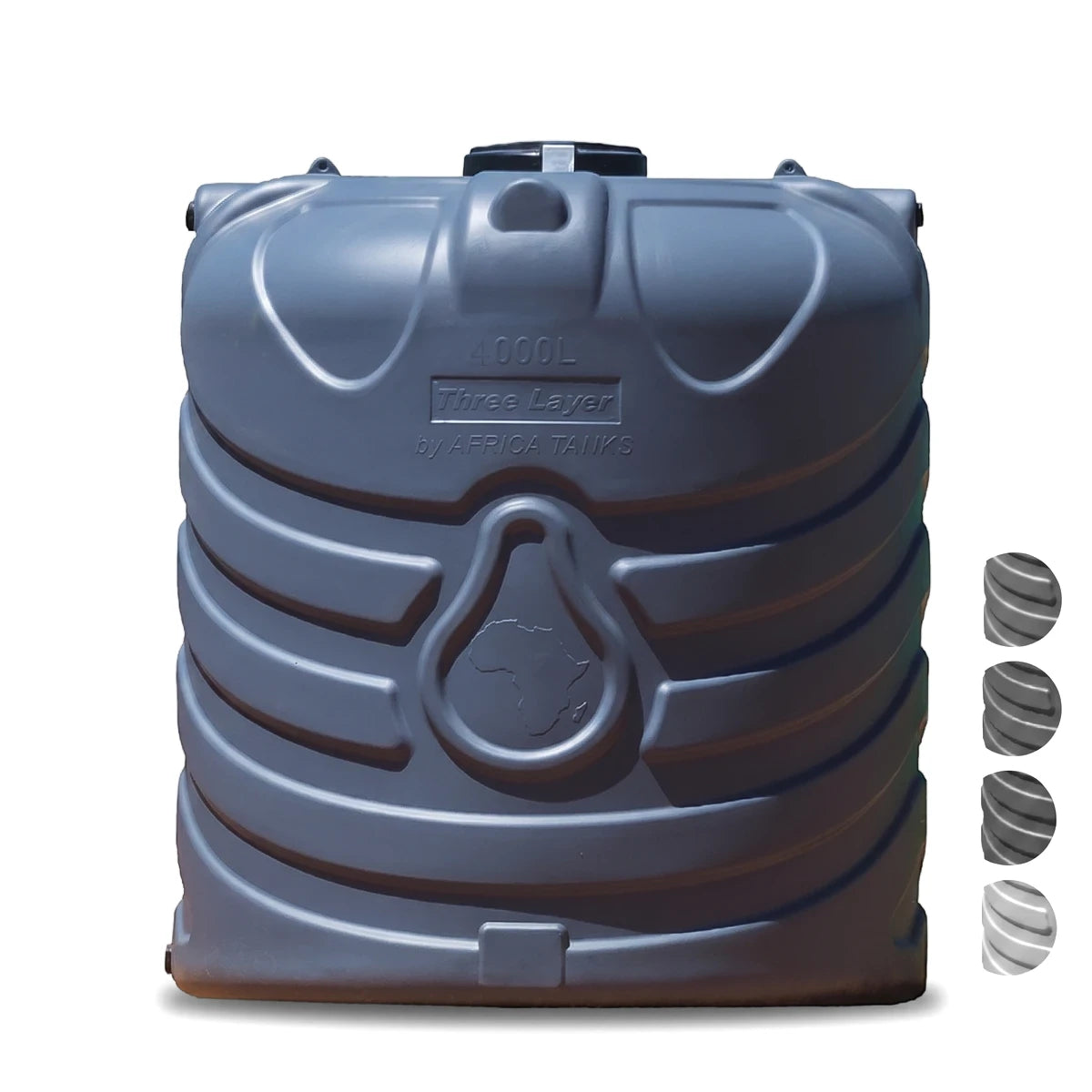 Gray 4000L PVC Sahara water storage tank with ribbed design, shown in a front view with color swatches.