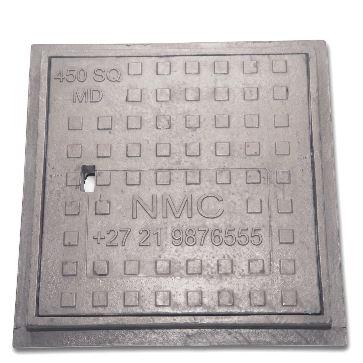 Gray 450x450mm medium duty solid manhole cover with raised square grid pattern and NMC branding.