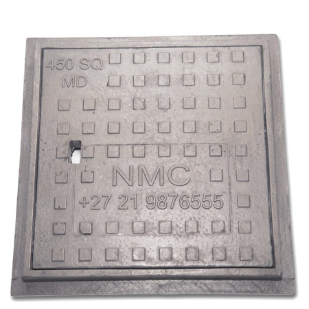 Gray 450x450mm medium duty solid manhole cover with raised square grid pattern and NMC branding.