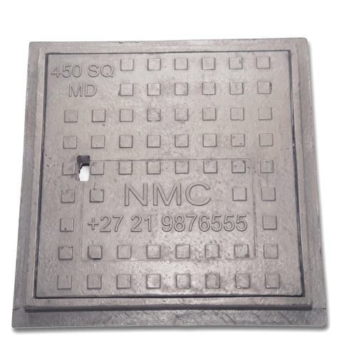 Gray 450x450mm medium duty solid manhole cover with raised square grid pattern and NMC branding.