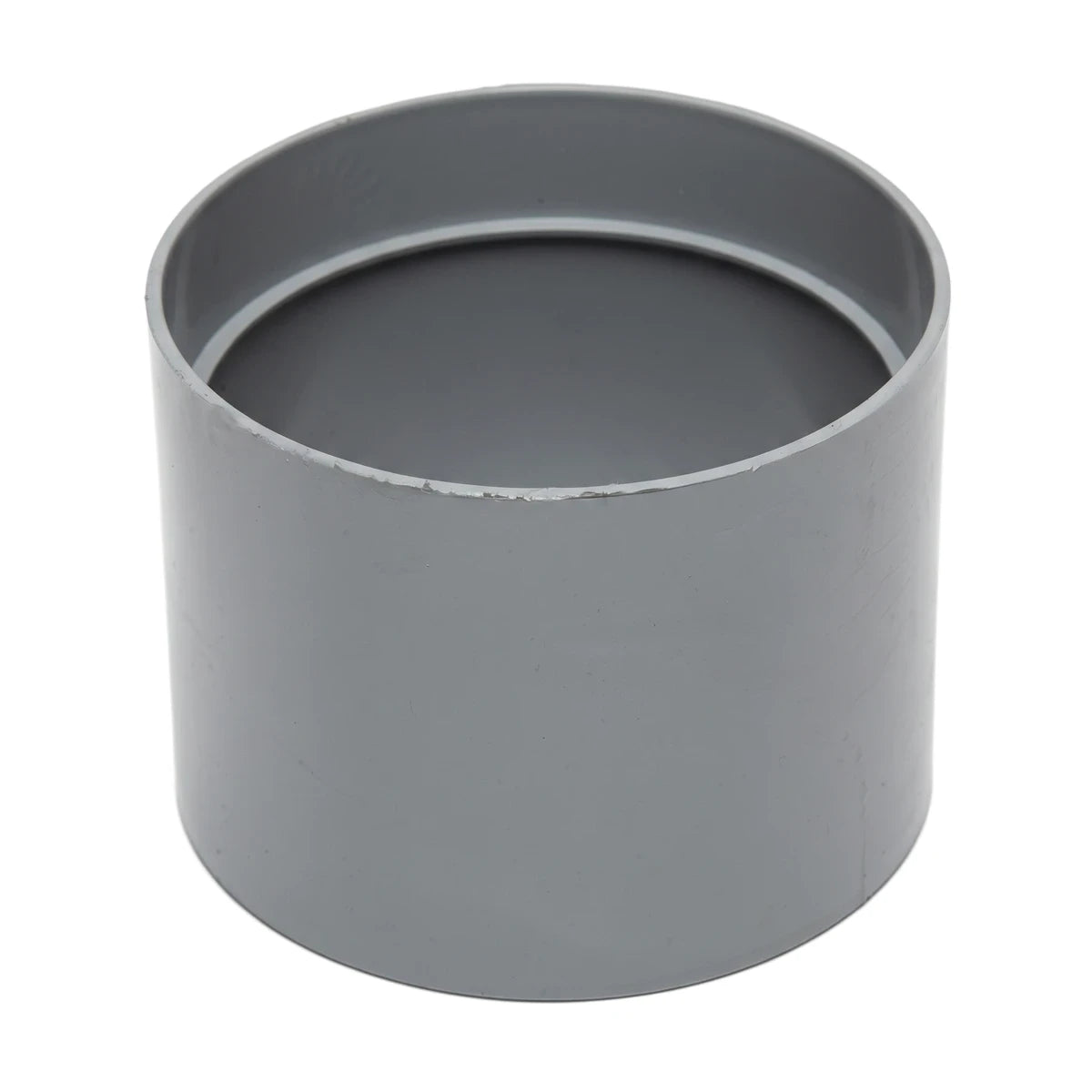Gray cylindrical PVC Vynadeep loose pipe socket, viewed from a slightly elevated angle, product shot.