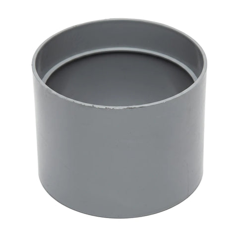 Gray cylindrical PVC Vynadeep loose pipe socket, viewed from a slightly elevated angle, product shot.