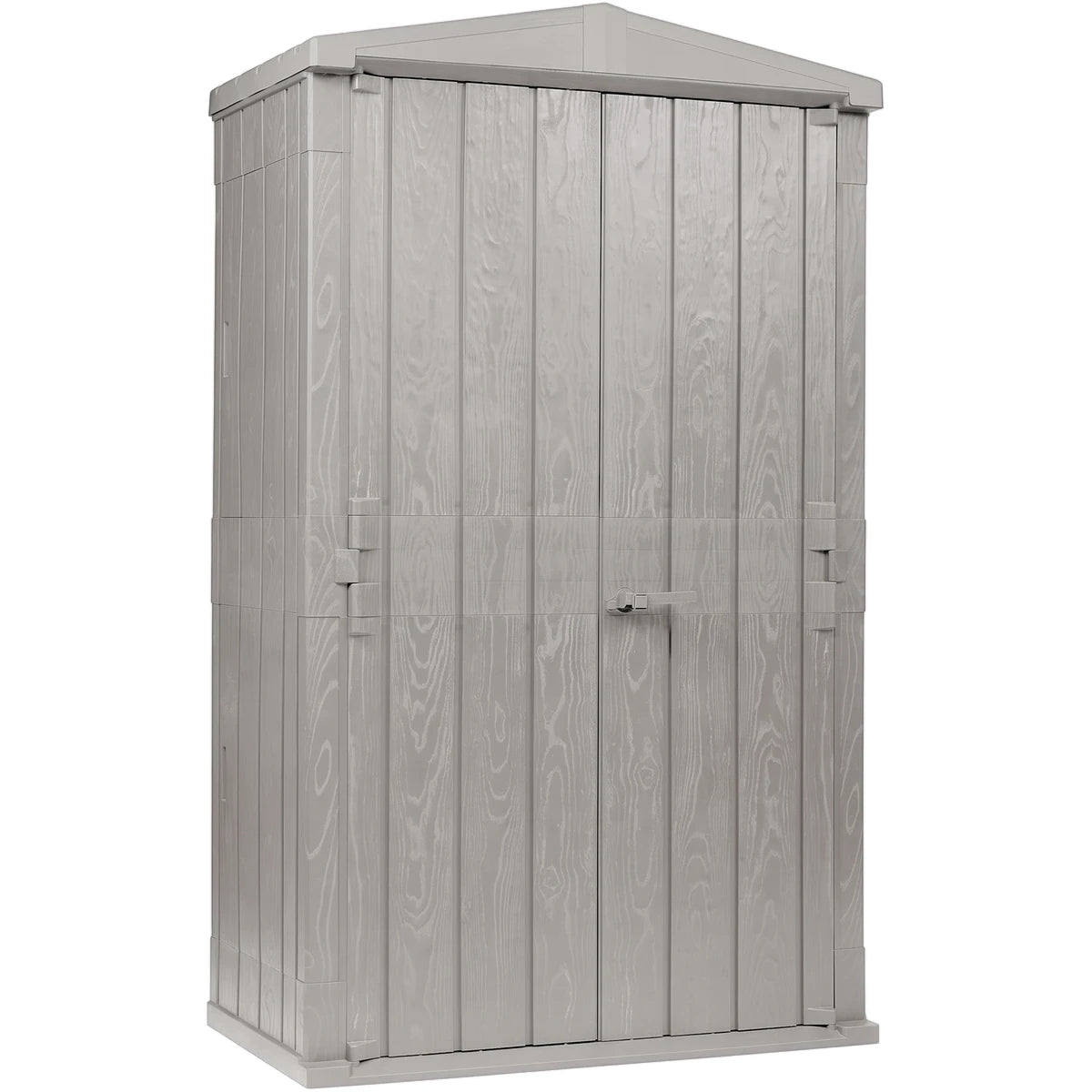 Gray High Storer Plus outdoor shed with a 1670 liter capacity, featuring double doors and a wood grain texture, shown in a