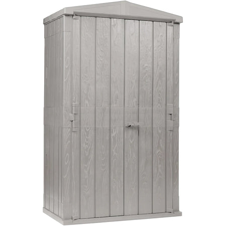 Gray High Storer Plus outdoor shed with a 1670 liter capacity, featuring double doors and a wood grain texture, shown in a