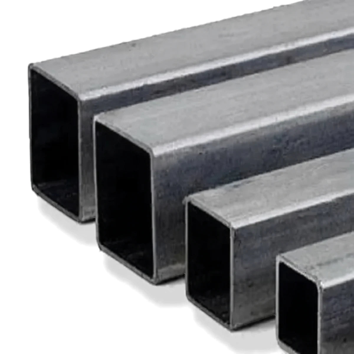 Several gray metal square tubes of varying sizes, arranged diagonally, showcasing their hollow rectangular profile.