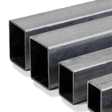 Several gray metal square tubes of varying sizes, arranged diagonally, showcasing their hollow rectangular profile.