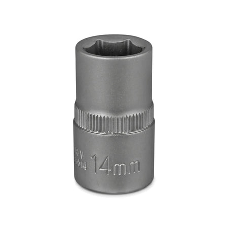 Gray metallic 14mm 1/2-inch drive 6-point hex socket tool, a hand tool accessory, shown upright on a white background.
