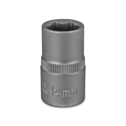 Gray metallic 14mm 1/2-inch drive 6-point hex socket tool, a hand tool accessory, shown upright on a white background.