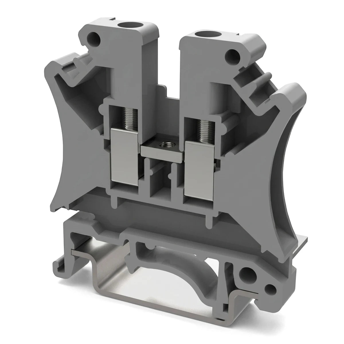 Gray polymide interlockable terminal block for din rail mounting, shown from an angled perspective with internal components