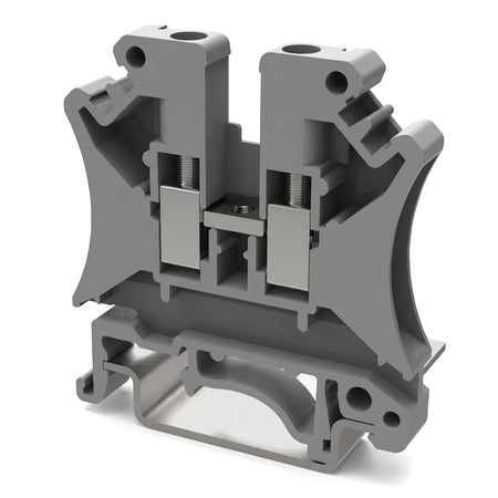 Gray polymide interlockable terminal block for din rail mounting, shown from an angled perspective with internal components