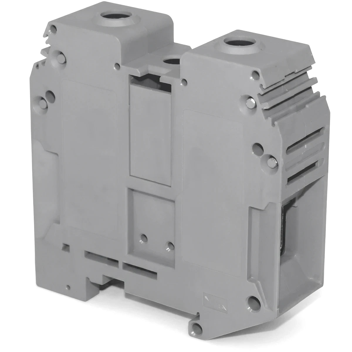 Gray polymide interlockable terminal block with din rail mount, shown from an angled perspective, for electrical connections.