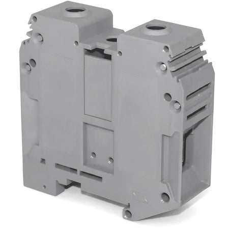 Gray polymide interlockable terminal block with din rail mount, shown from an angled perspective, for electrical connections.