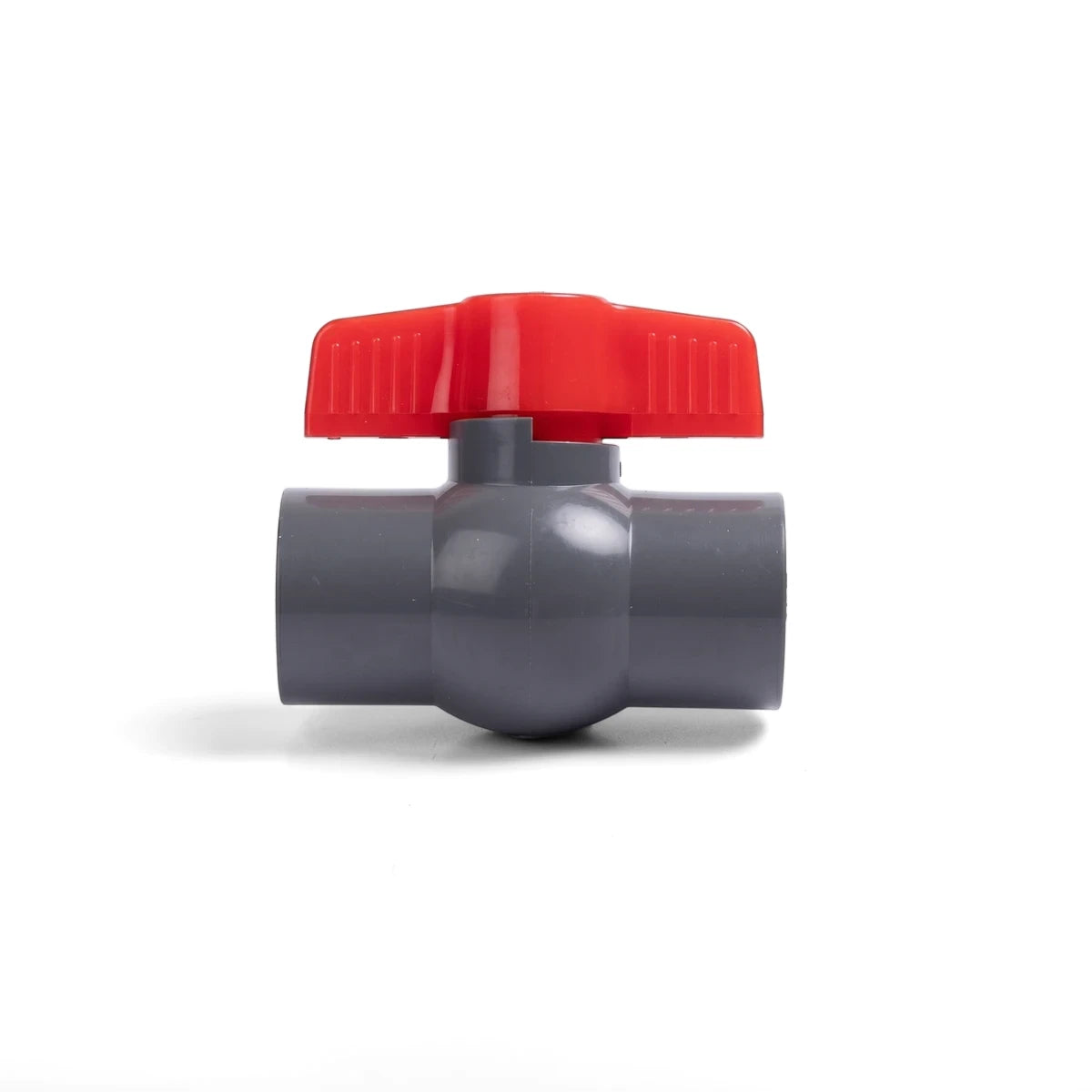 Gray PVC lever ball valve with a red T-handle for plumbing applications, female x female 1 1/4 inch connection.