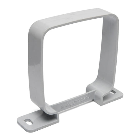 Gray PVC Streamline Square Downpipe Clip with mounting holes, marked Marley SC302, shown from an elevated perspective.