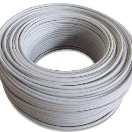 Gray-white Wire Surfix cable coiled neatly, showcasing its insulated sheath and round form, suitable for electrical