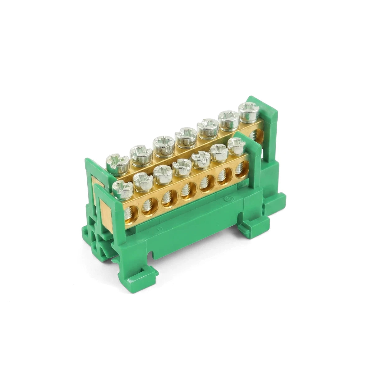 Green 10-way Din Mount Earth Bar 7x16 for electrical installations, shown from an angled view.