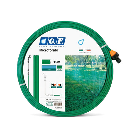 Green 15M Micro-Hole Sprinkler Hose with orange connector and product label for garden irrigation.