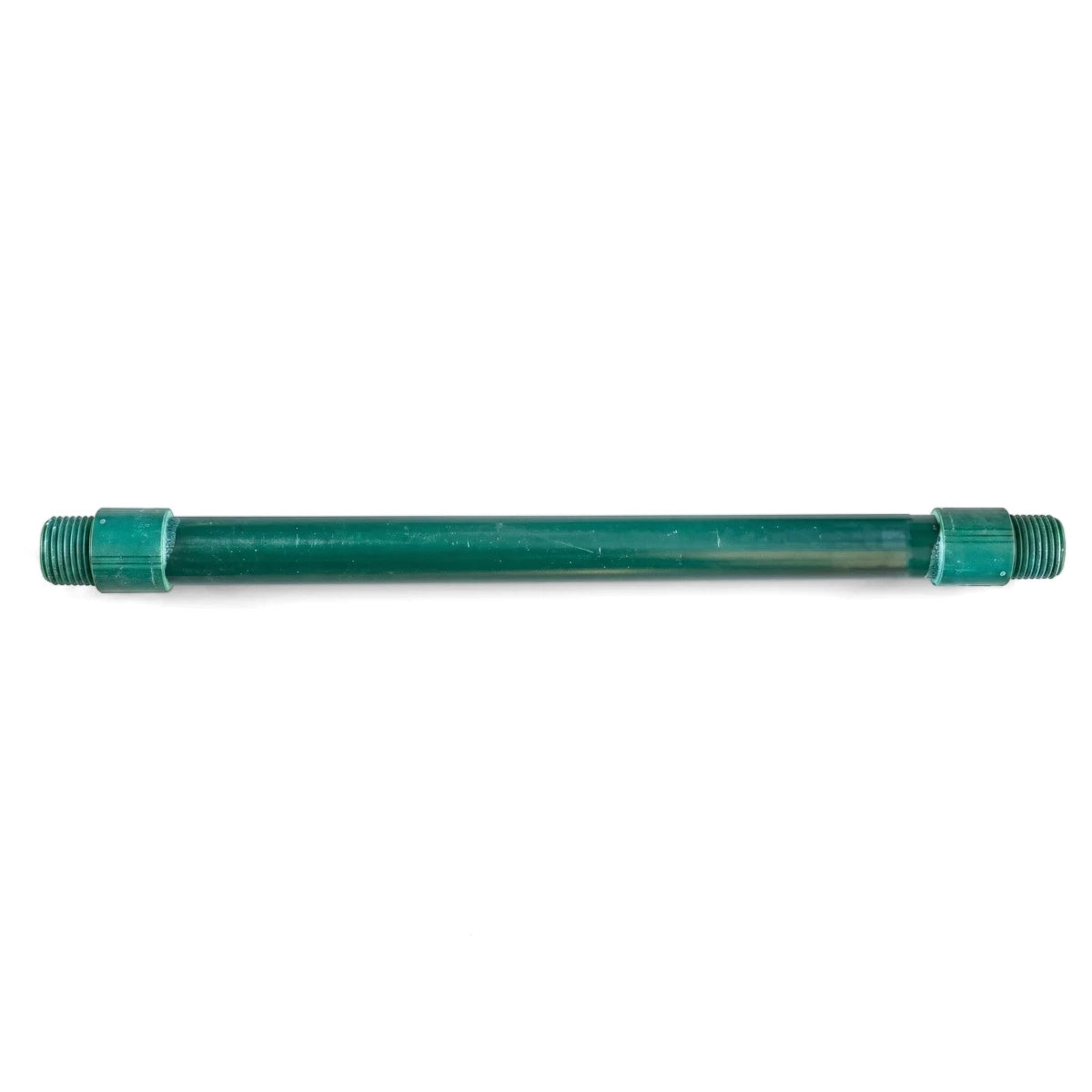 Green 15mm x 750mm micro standpipe for irrigation systems, shown horizontally with threaded ends.