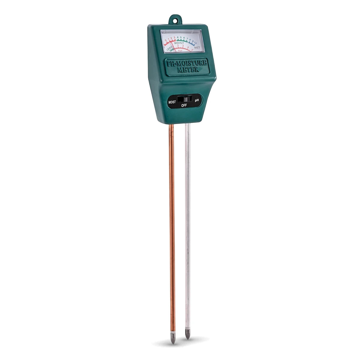 A green 2-in-1 soil tester for pH and moisture, featuring two probes and a display gauge.