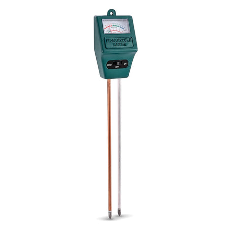 A green 2-in-1 soil tester for pH and moisture, featuring two probes and a display gauge.