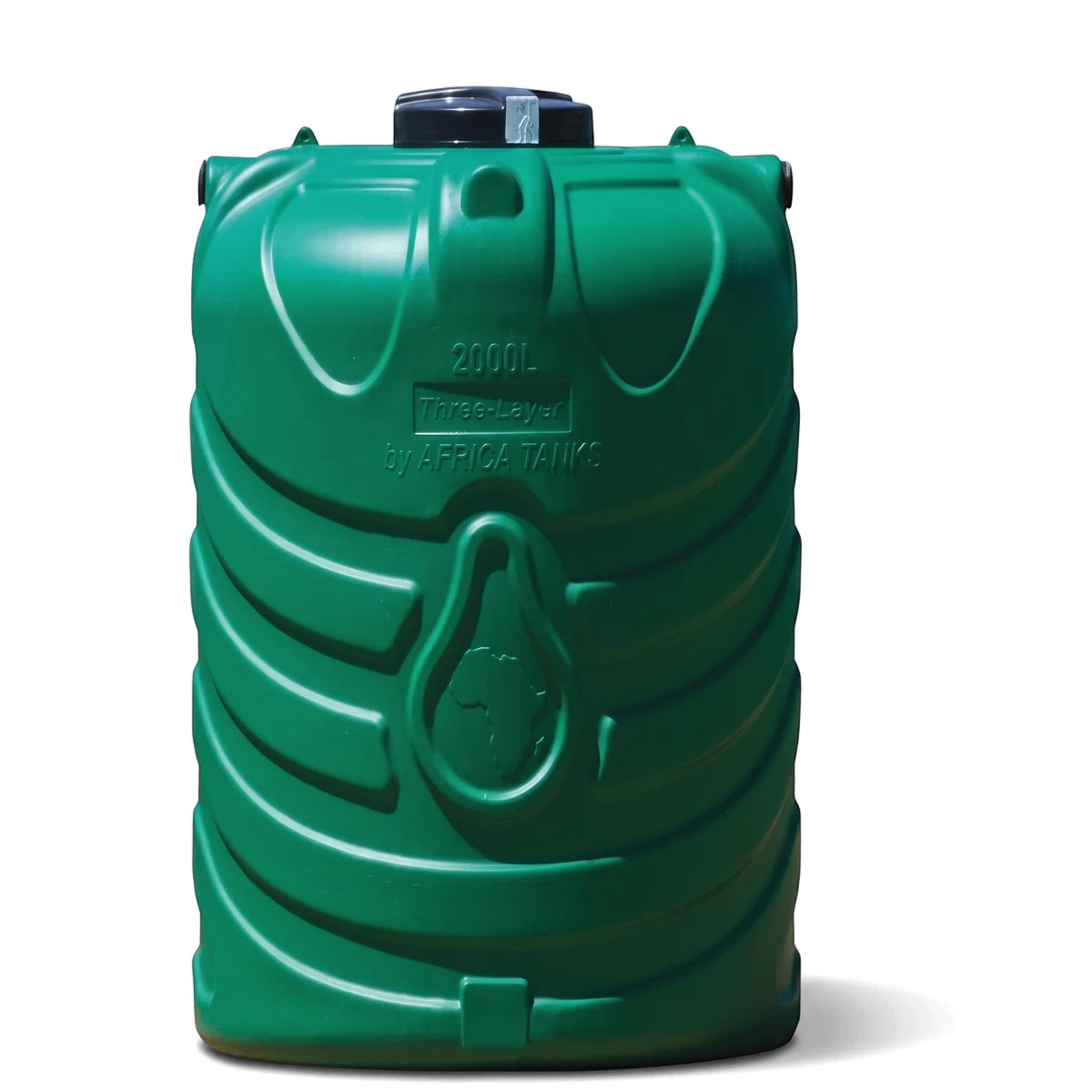 Green 2000L PVC water tank by Africa Tanks, front view, featuring ribbed design and black lid.