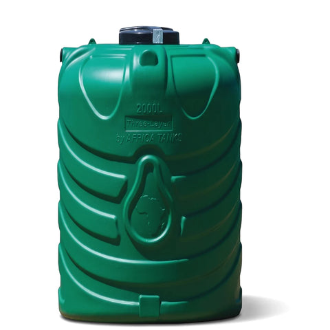Green 2000L PVC water tank by Africa Tanks, front view, featuring ribbed design and black lid.