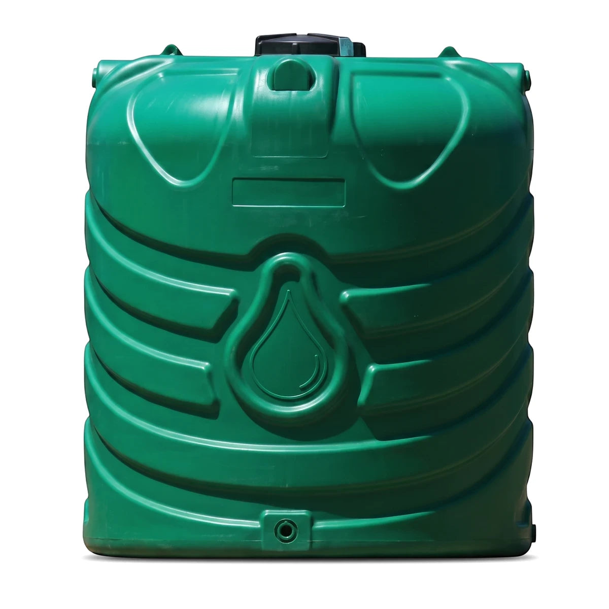 Green 2500L PVC split water tank with a rectangular shape and ribbed sides, shown front-on against a white background.