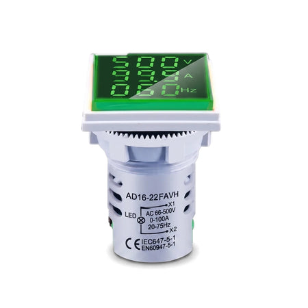 Green 3-way digital voltmeter, ammeter, and frequency light, featuring a round white body and a bright green display.