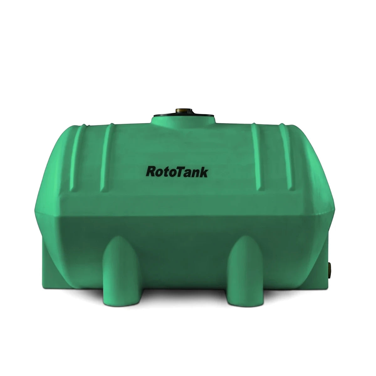 Green 500L RotoTank bakkie water tank with a lid and integrated feet, made of durable plastic, shown front view.