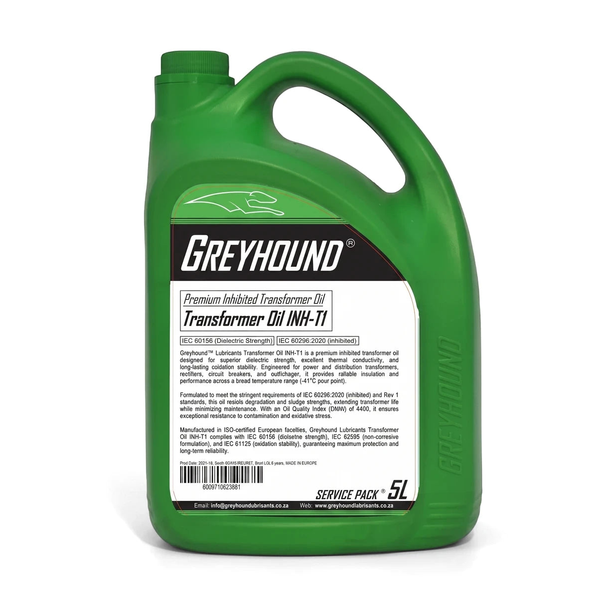 Green 5L bottle of Greyhound Premium Inhibited Transformer Oil with a prominent white and black label detailing product