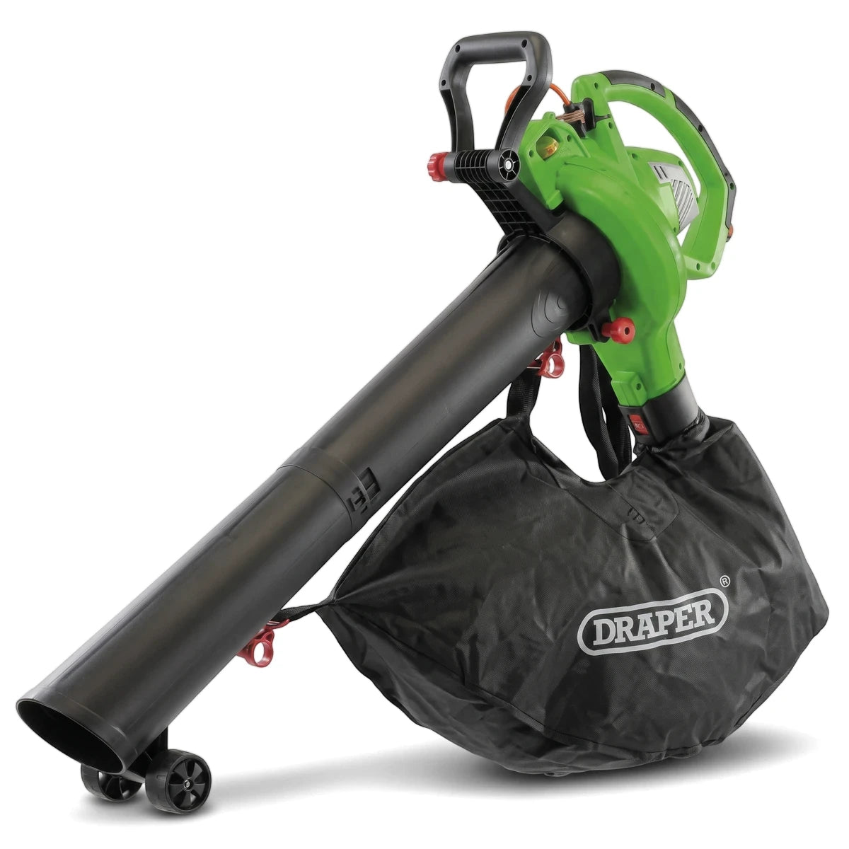 Green and black 1800W electric blower vacuum and mulcher with collection bag, shown from the side on a white background.