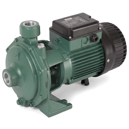 Green electric K35/100M AUTO water pump, side view. Features a robust green body and black motor housing with electrical