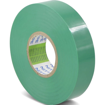 Green electrical insulation tape roll, featuring visible branding on the core, presented from a slight angle.
