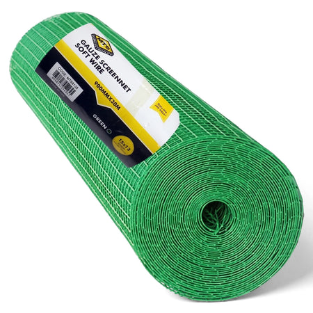 Green rolled gauze screen net with soft wire, 900mm x 30m, 15x13 mesh, suitable for shading and fencing.