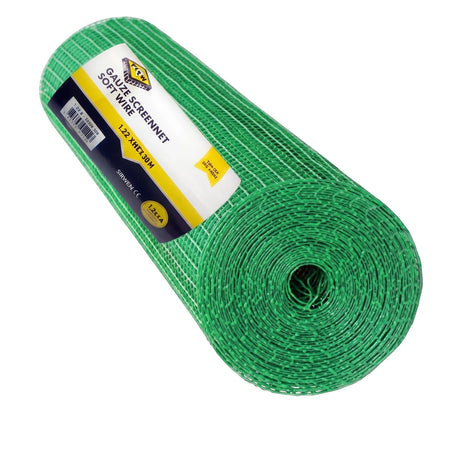 Green gauze screen net, made of soft wire, rolled for packaging and ready for garden or construction use.