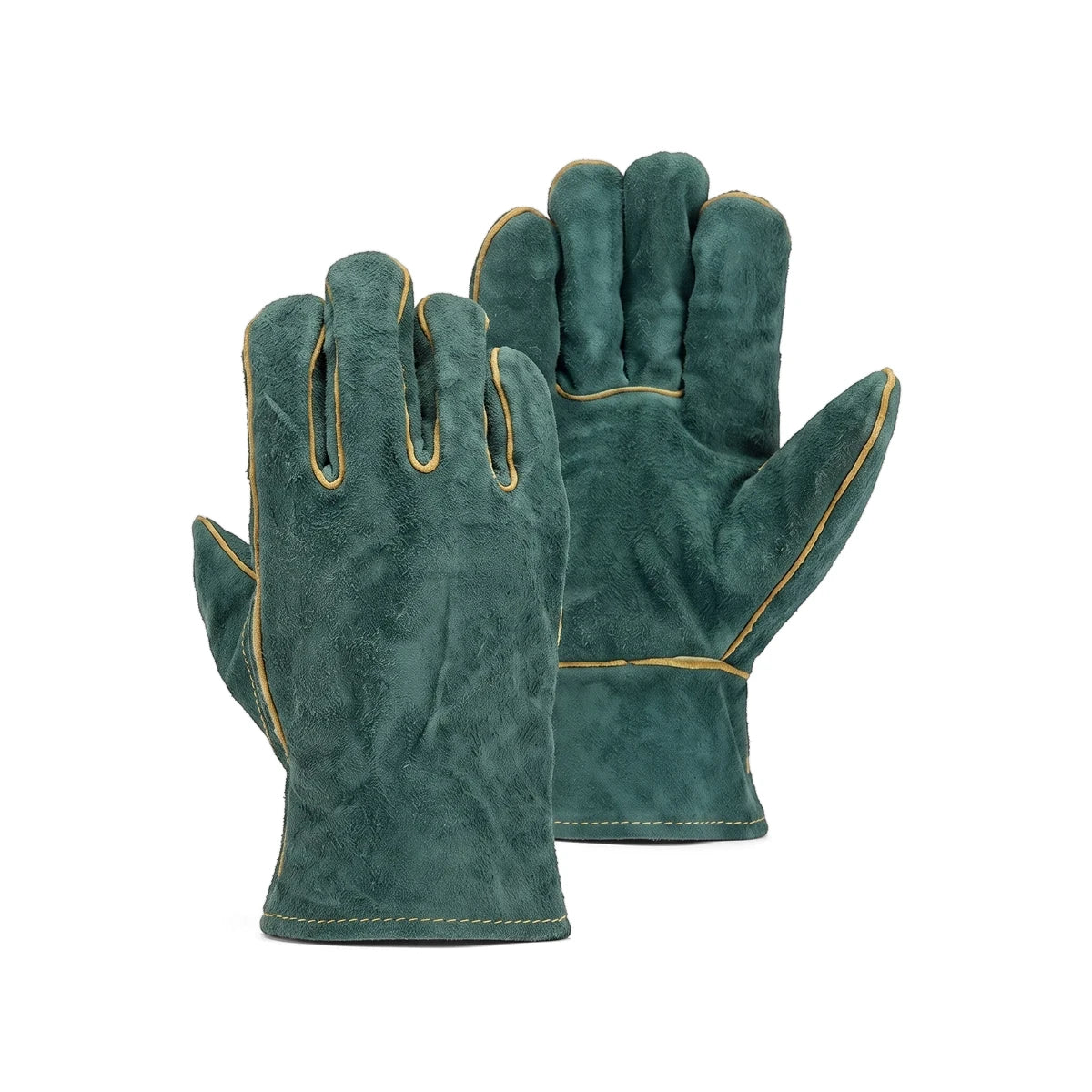 A pair of durable green lined 50mm work gloves, featuring robust yellow stitching and a textured material, presented