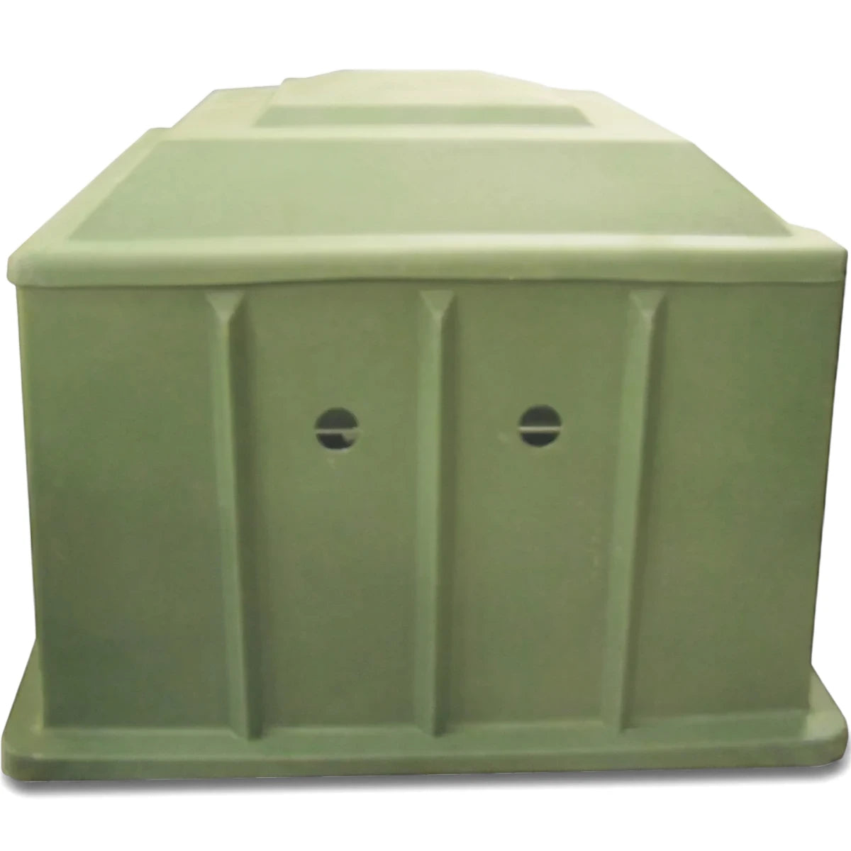 Green plastic pool filter pump box replacement lid, shown from an angled front view, featuring a tapered top and ribbed