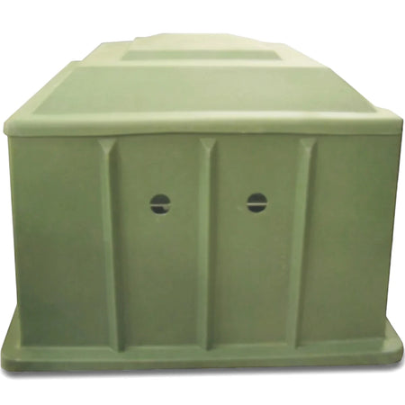 Green plastic pool filter pump box replacement lid, shown from an angled front view, featuring a tapered top and ribbed