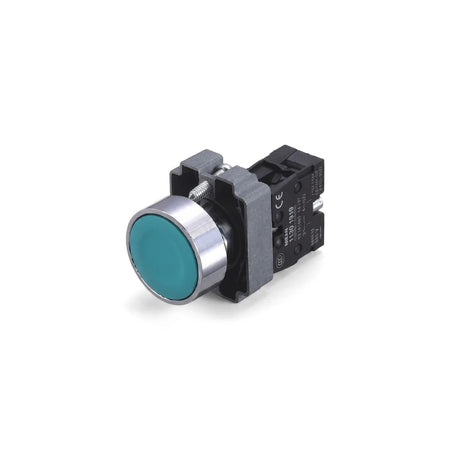 Green Pushbutton 1N/O with a metallic bezel and black contact block, an industrial electrical component.