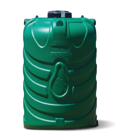 Green ribbed PVC 2000L Africa Tanks water storage tank, featuring a black lid and capacity labeling.